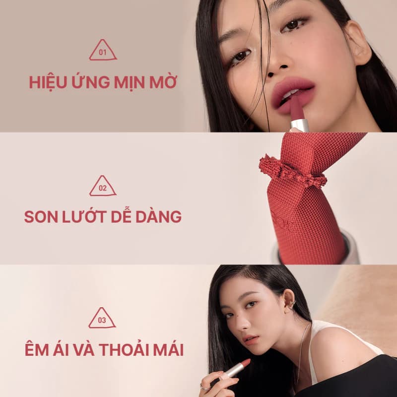 Son len mịn lì nịnh môi 3CE Cashmere Hug Lipstick